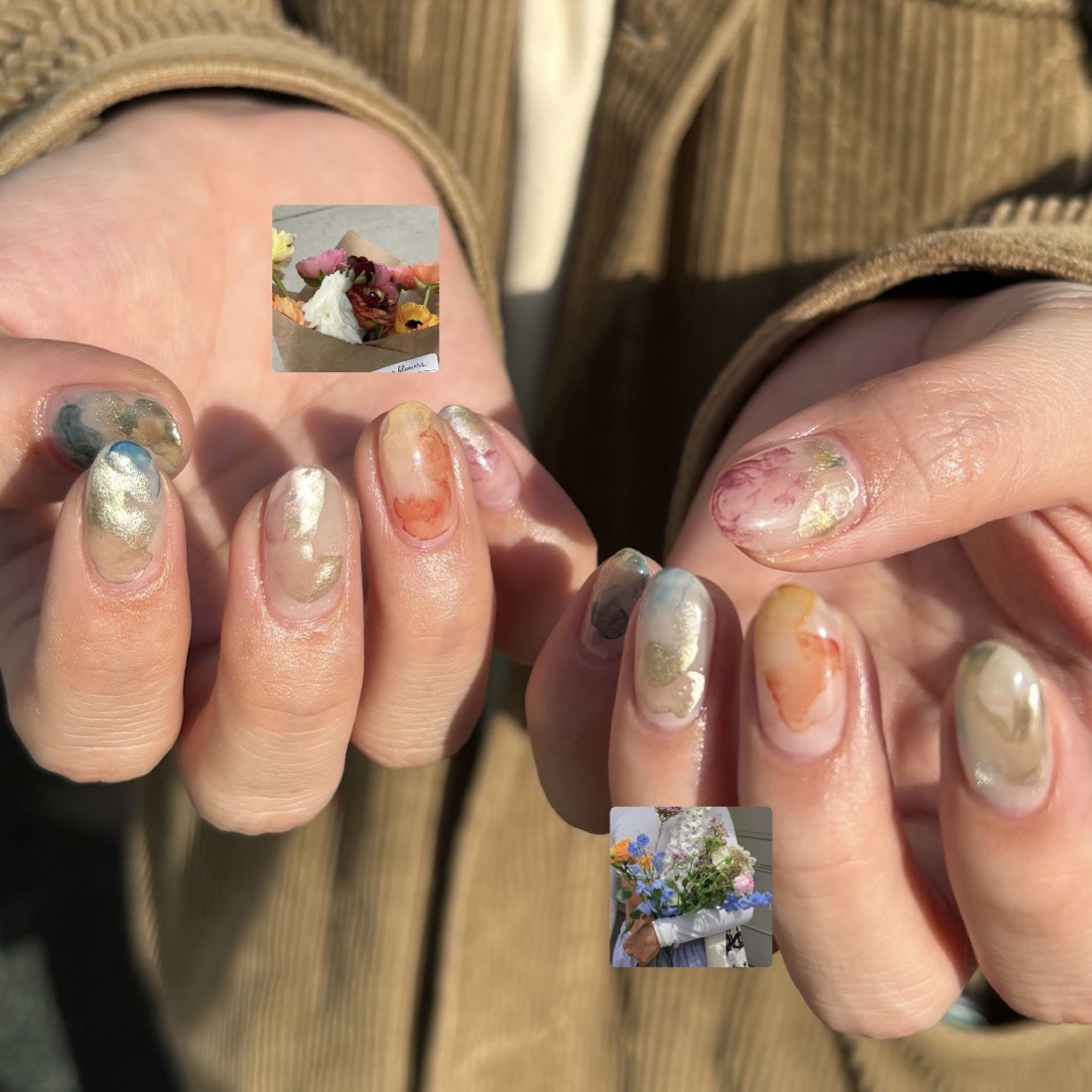 水彩タッチとゴールドのアートネイル
