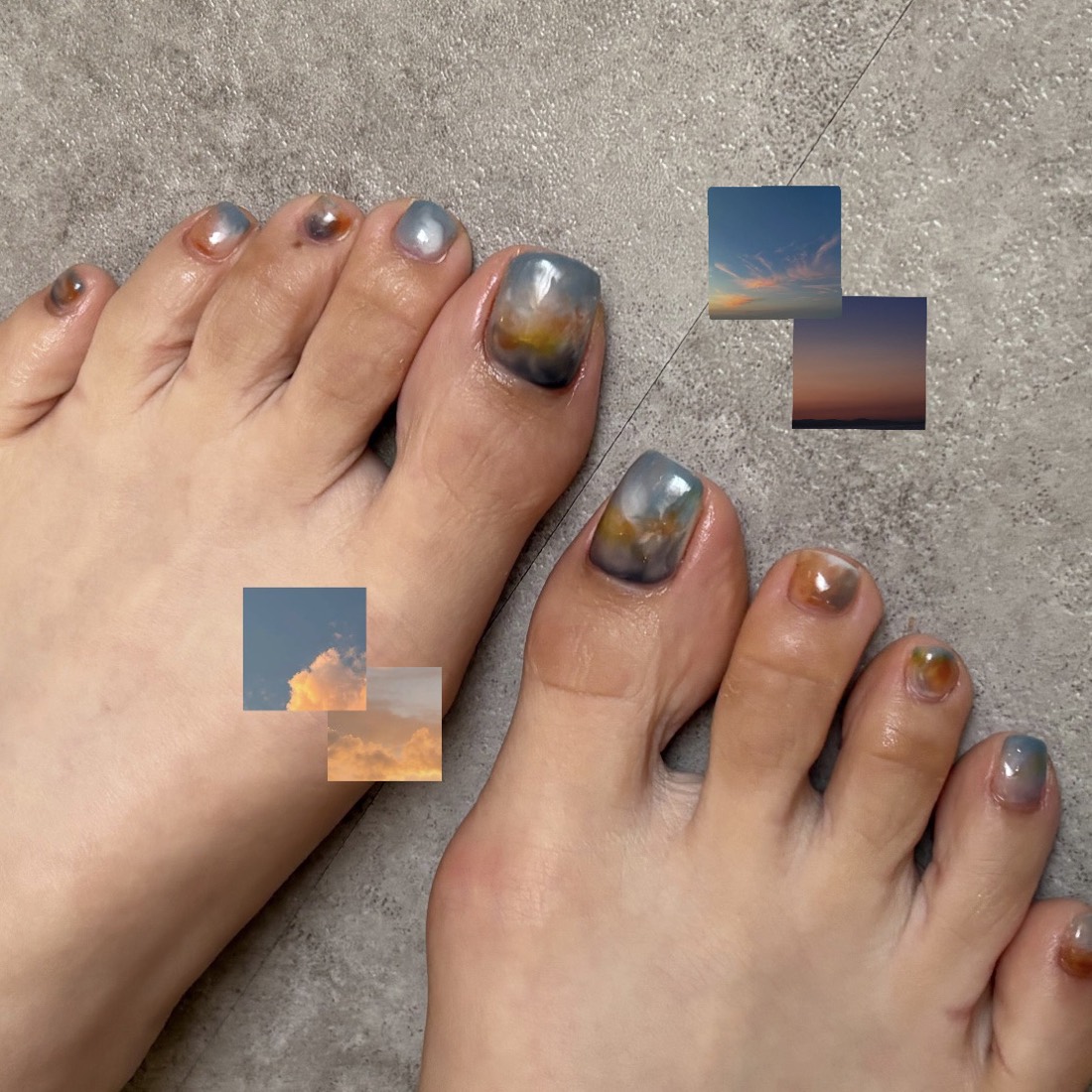 夕焼け色のニュアンスフットネイル